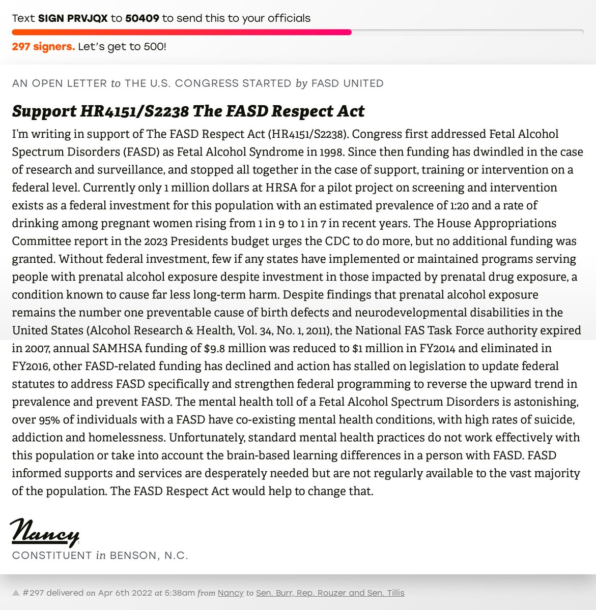 openletterbot's tweet photo. 🖋 Sign “Support HR4151/S2238 The FASD Respect Act” and I’ll deliver a copy to your officials: https://t.co/RJaNuu7wPb
📨 No. 297 is from @yarosisnancy to @SenatorBurr, @RepDavidRouzer and @SenThomTillis #NC07 #NCpolitics #HR4151 https://t.co/ufBBeAY1ue