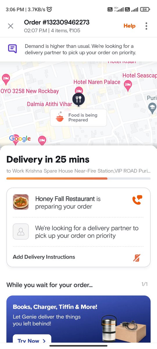 I3Prayas's tweet photo. @swiggy_in  @SwiggyCares it's been an hour food is prepared,by the restaurant,still no delivery partner assigned...help services also not responding well...is this kind of services uou provide. https://t.co/bLbTYloEyJ
