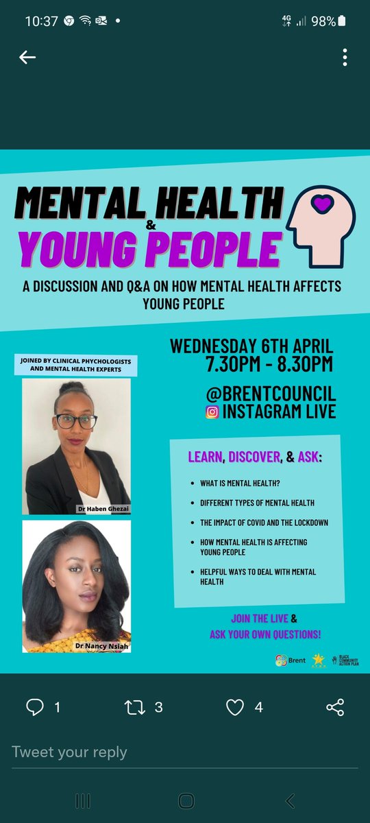 TanyaC_NC12's tweet photo. To our young residents of Brent Council there will be a Mental Health&amp;Young People INSTAGRAM LIVE (@BrentCouncil) Today 19.30-20.30 
Areas covered:
Teaching young people about    mental health
Post lockdown symptoms
Identify ways to deal with mental health @teampurple @pa_housing https://t.co/ixwcbmEn08