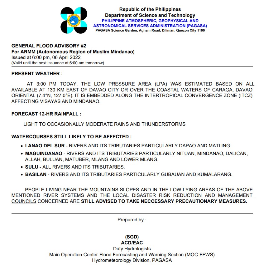 dost_pagasa's tweet photo. General Flood Advisories (GFAs) - 2/3
Issued @ 6PM, 06 April 2022
Region 9 (Zamboanga Peninsula) - #GFA2
Region 10 (Northern Mindanao) - #GFA3
Region 12 (SOCCSKSARGEN)- #GFA2
BARMM - #GFA2 https://t.co/OfnaFIVOwU