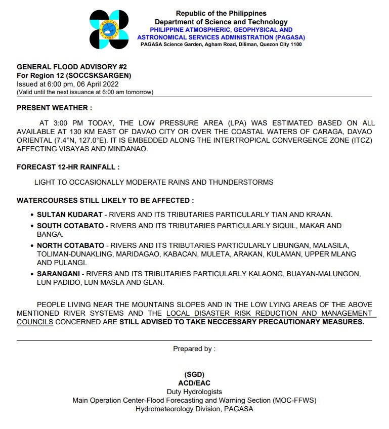 dost_pagasa's tweet photo. General Flood Advisories (GFAs) - 2/3
Issued @ 6PM, 06 April 2022
Region 9 (Zamboanga Peninsula) - #GFA2
Region 10 (Northern Mindanao) - #GFA3
Region 12 (SOCCSKSARGEN)- #GFA2
BARMM - #GFA2 https://t.co/OfnaFIVOwU