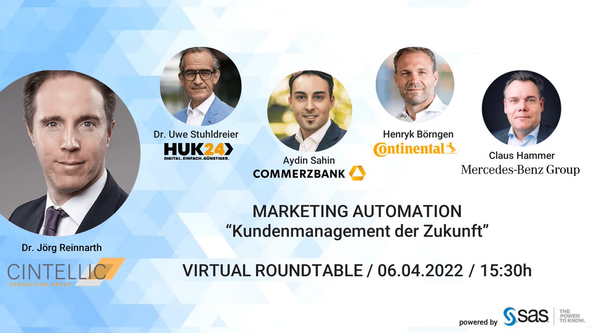 Interessiert an spannenden Einblicken zum Kundenmanagement der Zukunft? Dann schnell noch anmelden zu unserem Virtual Roundtable heute, powered by <a href="/SAS_DACH/">SAS DACH</a>, mit tollen Gästen &amp; vier verschiedenen Brancheninsights:  2.sas.com/6019KvZTP #MarketingAutomation #CRM #CX #CEM