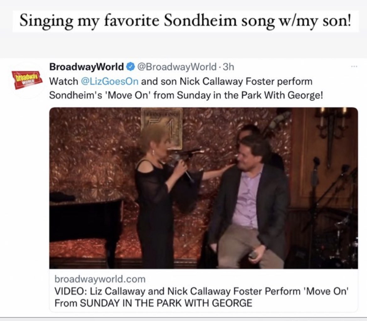Wow, listen to @LizGoesOn sing her favourite Sondheim song with her son Nick at her recent concert in @54Below - WOW! 

m.youtube.com/watch?v=zrGq9n…

#thesondheimfestival #lizcallaway
