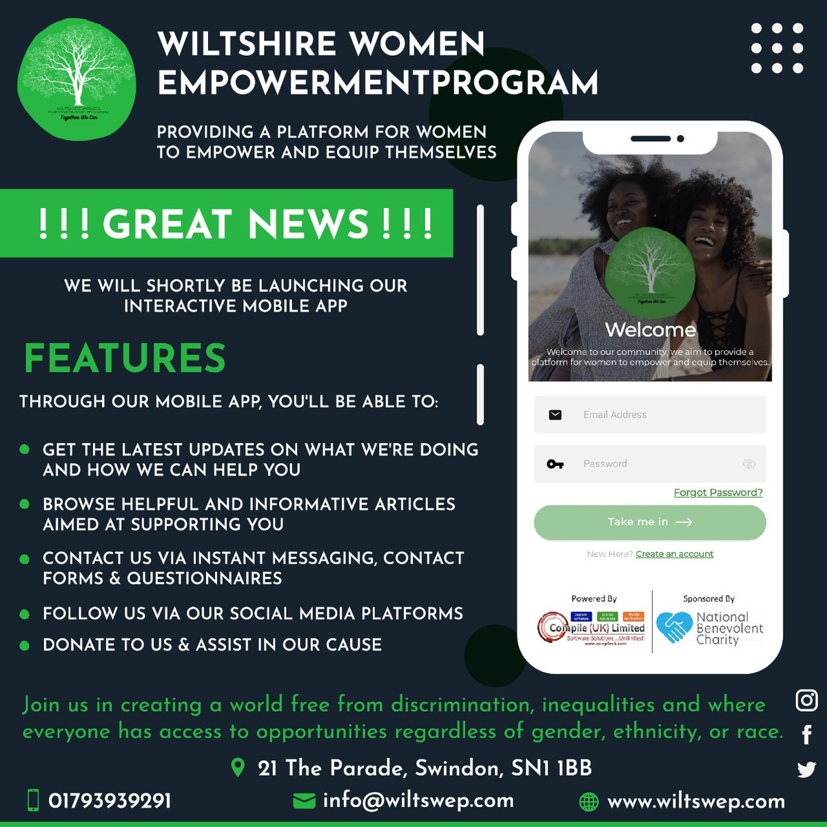 wiltshire_women's tweet image. Get ready for our #interactivemobileapp designed to #empowerwomen and ease access to our services. Once the app goes live, users will be able to download it on Android and IOS platforms. Thank you National Benevolent Charity for sponsoring the formation of this app.
#swindon