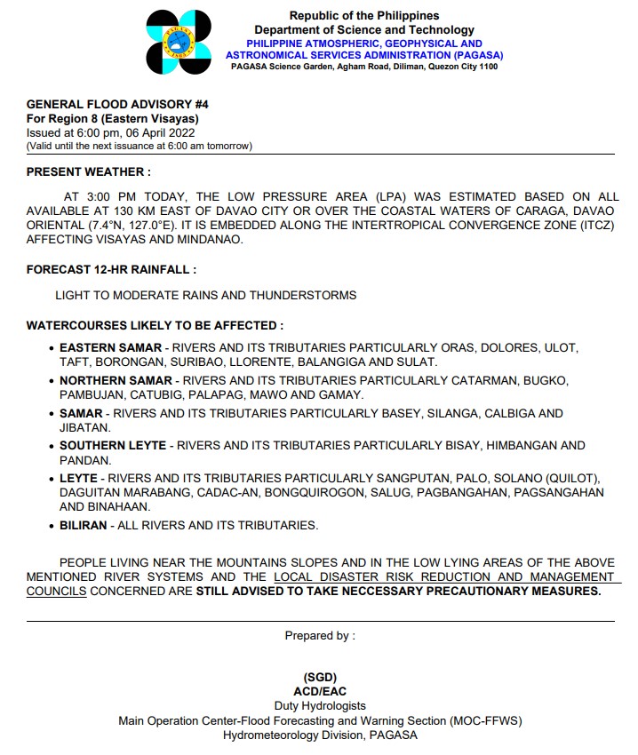 dost_pagasa's tweet photo. General Flood Advisories (GFAs) - 1/3
Issued @ 6PM, 06 April 2022

Region 4B (MIMAROPA) - #GFA3 (Final)
Region 6 (Western Visayas) - #GFA2
Region 7 (Central Visayas) - #GFA2
Region 8 (Eastern Visayas) - #GFA4 https://t.co/HXWgxzHksX