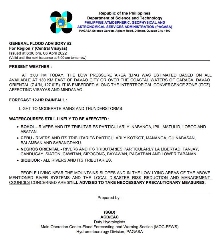 dost_pagasa's tweet photo. General Flood Advisories (GFAs) - 1/3
Issued @ 6PM, 06 April 2022

Region 4B (MIMAROPA) - #GFA3 (Final)
Region 6 (Western Visayas) - #GFA2
Region 7 (Central Visayas) - #GFA2
Region 8 (Eastern Visayas) - #GFA4 https://t.co/HXWgxzHksX