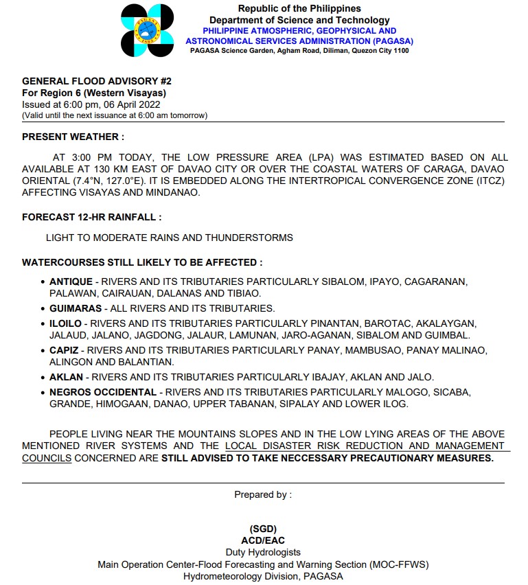 dost_pagasa's tweet photo. General Flood Advisories (GFAs) - 1/3
Issued @ 6PM, 06 April 2022

Region 4B (MIMAROPA) - #GFA3 (Final)
Region 6 (Western Visayas) - #GFA2
Region 7 (Central Visayas) - #GFA2
Region 8 (Eastern Visayas) - #GFA4 https://t.co/HXWgxzHksX