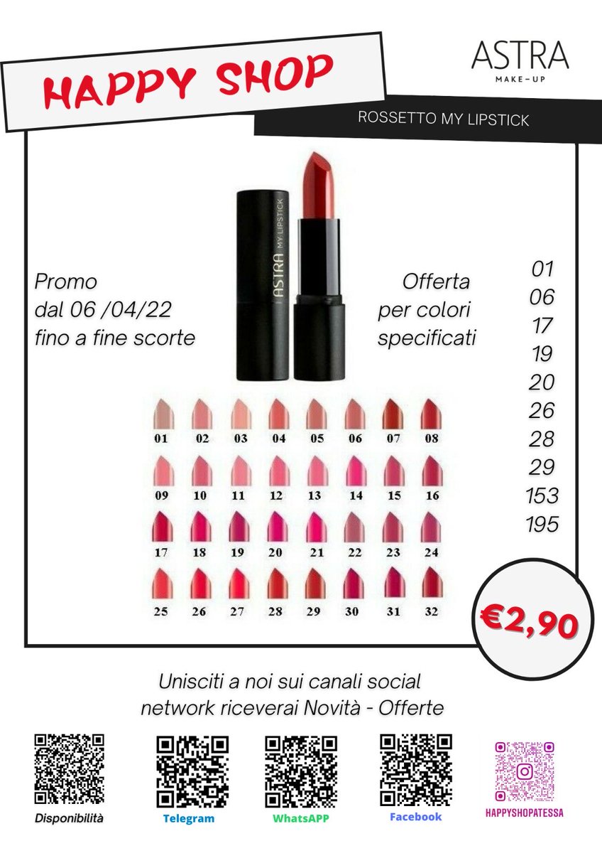 JINCBFelice1's tweet photo. ROSSETTO ASTRA MY LIPSTICK offerta €2.90 dal 06 04 fino a fine scorte 
info e disponibilità https://t.co/nouYH5Ow5a
Vienici a trovare nel nostro punto vendita, Scopri tante altre offerte ...... https://t.co/V4beEFJRvF