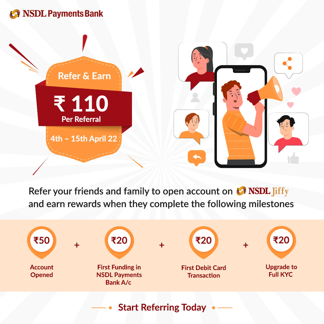 Do you want to make money just by referring your friends?? If yes, join our referral program and earn up to Rs. 110 Cashback. The offer ends on 15th April. Hurry!! T&amp;C apply.
#nsdlpaymentsbank #nsdljiffy #referandearn #ReferralProgram #DigitalBanking