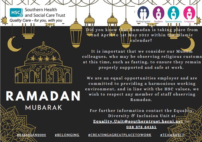 SouthernHSCT's tweet photo. #RamadanMubarak to all our staff and patients observing the month of Ramadan.

#Ramadan2022 #Belonging #CreatingAGreatPlaceToWork #TeamSHSCT https://t.co/8x4VMMuGfx