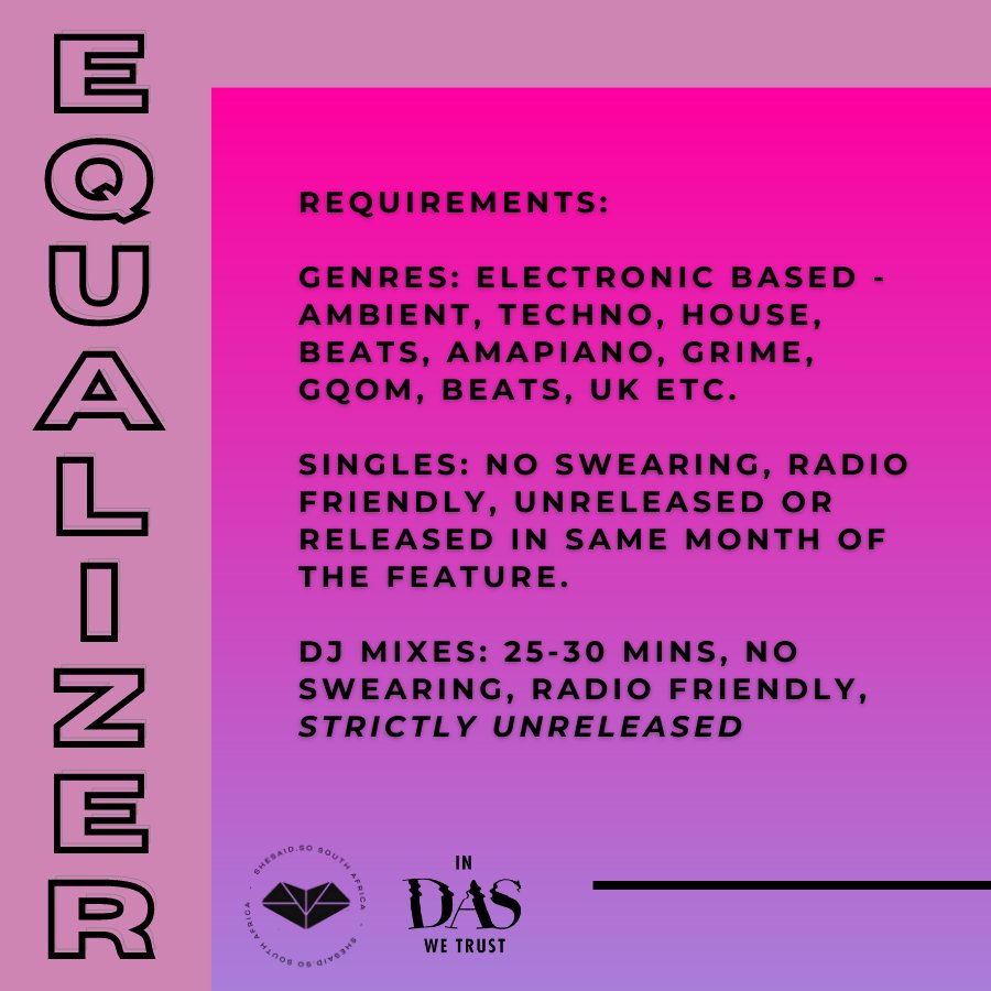 iamDasKapital's tweet photo. Open call to all African QUEER + FEMME electronic artists and DJs —

APRIL submissions for #EQUALIZER by @shesaidso_za + #InDasWeTrust are OPEN!

Follow the link in my bio, send us your music and mixes, and get your work featured on my @5FM show.

#sssSA https://t.co/u3tUq0sy3o