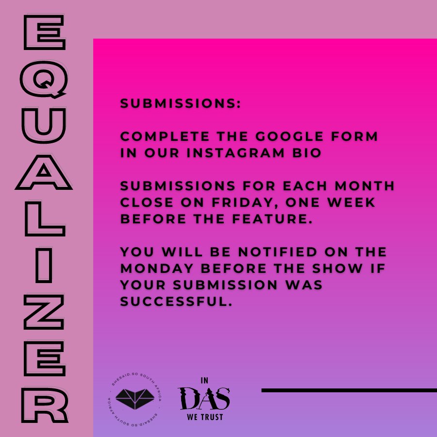 iamDasKapital's tweet photo. Open call to all African QUEER + FEMME electronic artists and DJs —

APRIL submissions for #EQUALIZER by @shesaidso_za + #InDasWeTrust are OPEN!

Follow the link in my bio, send us your music and mixes, and get your work featured on my @5FM show.

#sssSA https://t.co/u3tUq0sy3o