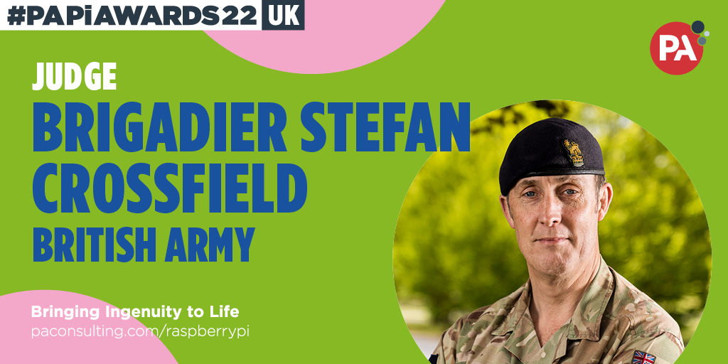 PA_RaspberryPi's tweet photo. We're happy to reveal Brigadier Stefan Crossfield from the British Army as a judge for our Raspberry Pi Competition! Here's more about the #PAPiAwards22 he'll be judging  >> https://t.co/LTFCrlUqcW #STEM https://t.co/tDw0UO0FZD