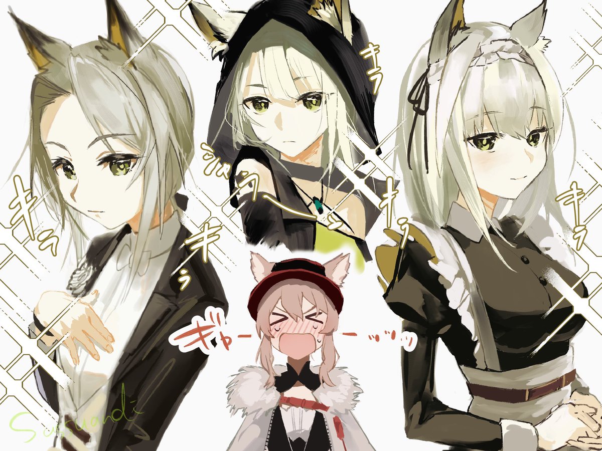 kal'tsit (arknights) official alternate costume ears through headwear animal ears multiple girls black jacket cat ears hood  illustration images