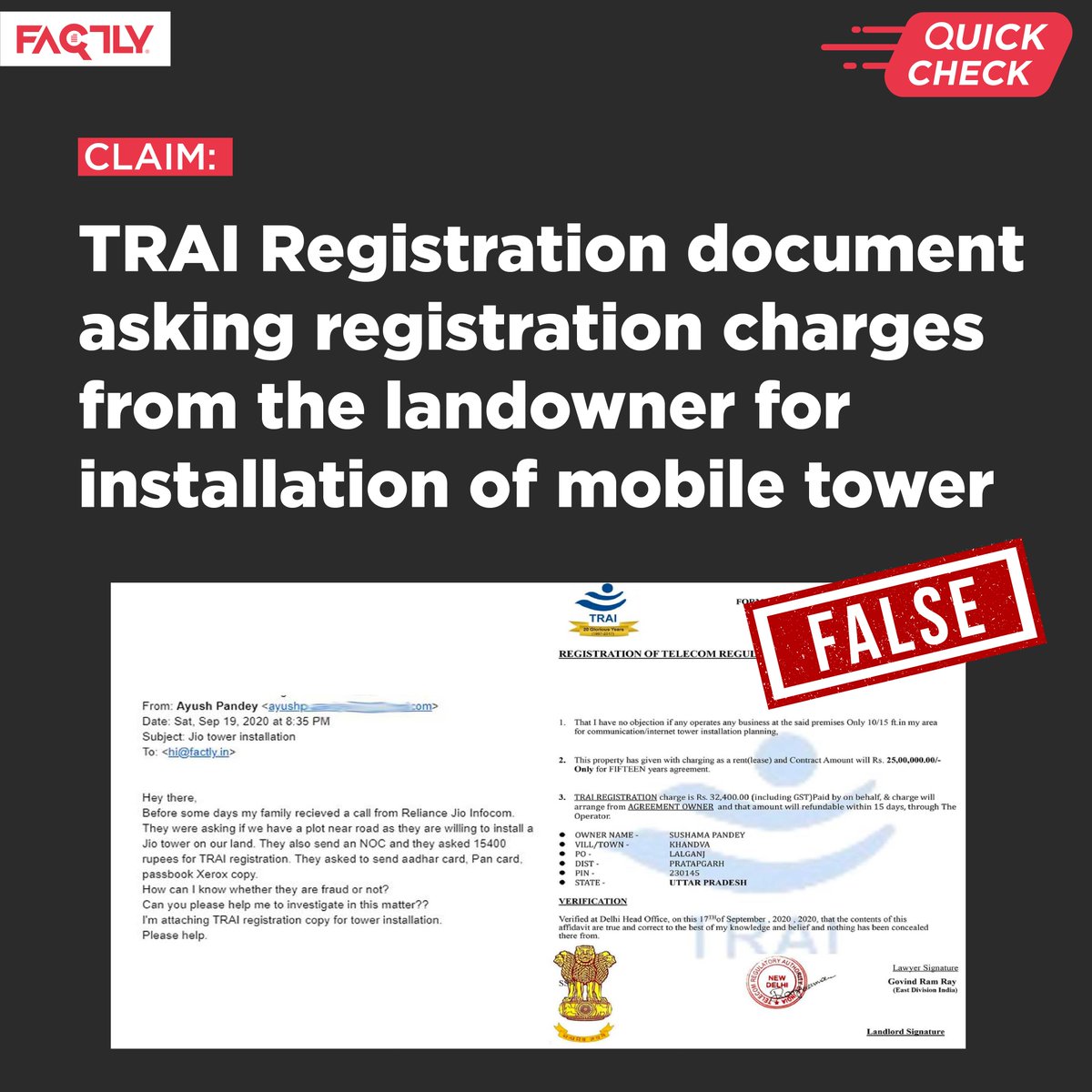 FactlyIndia's tweet photo. Does TRAI levy a tax/fee on leasing of premises for installation of mobile towers?
In today's international fact-checking series, we debunk financial fraud and how this type of misinformation is harmful.  Swipe to know! 

https://t.co/BzR9GUikVF
#TRAI #fakenews #beware #awareness https://t.co/oSwayhtYVq