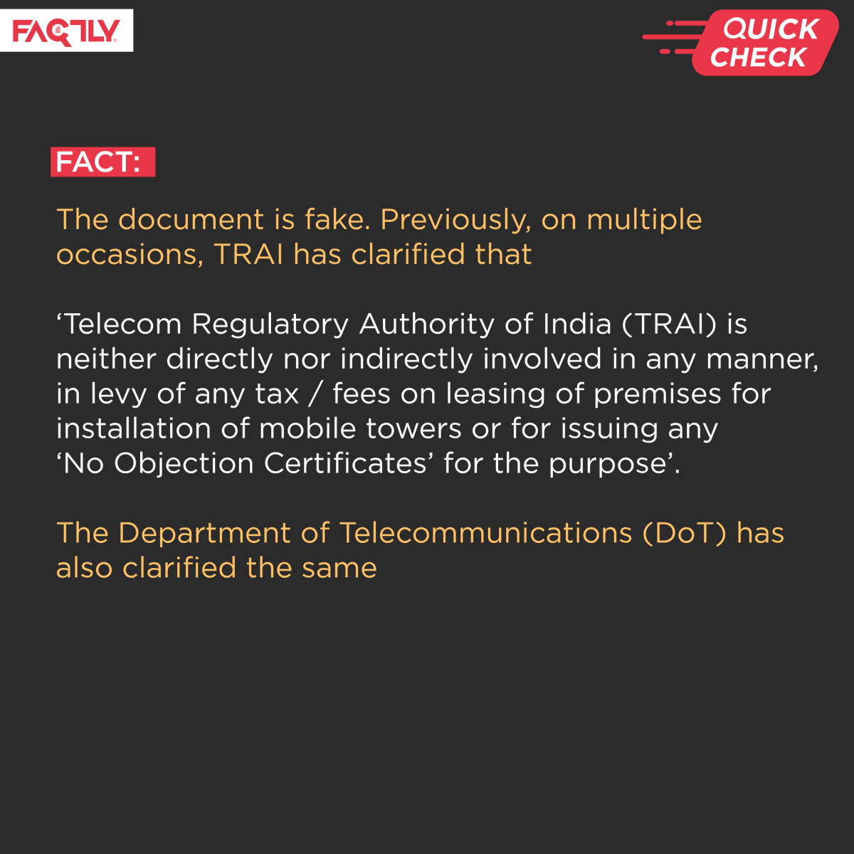 FactlyIndia's tweet photo. Does TRAI levy a tax/fee on leasing of premises for installation of mobile towers?
In today's international fact-checking series, we debunk financial fraud and how this type of misinformation is harmful.  Swipe to know! 

https://t.co/BzR9GUikVF
#TRAI #fakenews #beware #awareness https://t.co/oSwayhtYVq