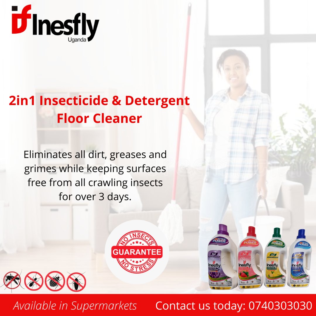 InesflyUganda's tweet photo. Clean and insect free house is what you get whenever you use the 2in1 Inesfly Insecticide Floor Cleaner.
Available in supermarkets 
Call: 0740303030/32/33 for more information 
#InesflyUganda #FloorCleaners #cleaning https://t.co/5YSngjSVIv