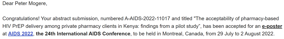 pmogere's tweet photo. Elated to have an abstract accepted for poster presentation at the 24th International AIDS conference in Montreal, Canada July/August. #HIV prevention services #PrEP @iasociety @AIDS_conference #AIDS2022 @KEMRI_Kenya @DiscoverJKUAT @ppbkenya https://t.co/JGPVAxVHIG