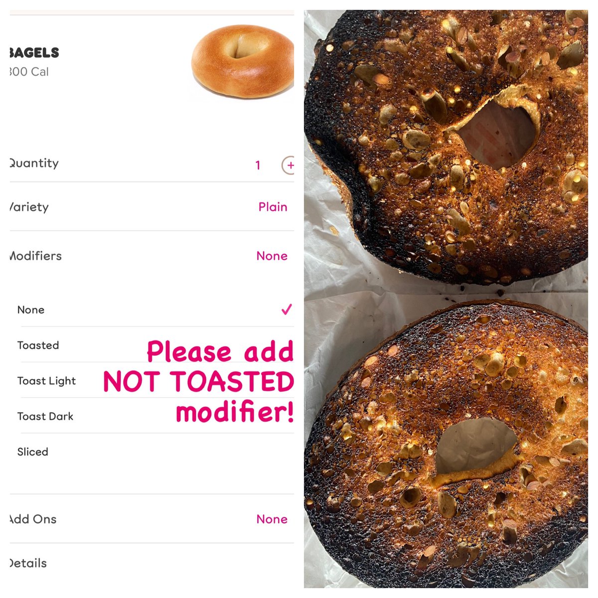 interactiveAmy's tweet image. Dear @dunkindonuts. I’ve asked so many times but when will you add the NOT TOASTED option for bagels? Got home and this is not edible.
