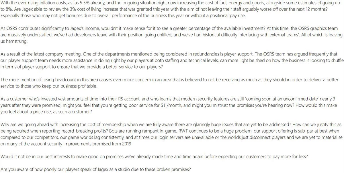 I was sent this and asked to post anonymously. These are insider questions posed by the OSRS team to the Jagex CEO last week regarding the price hike of bonds and membership. The OSRS team is fighting for the players and management is turning them down every step of the way.