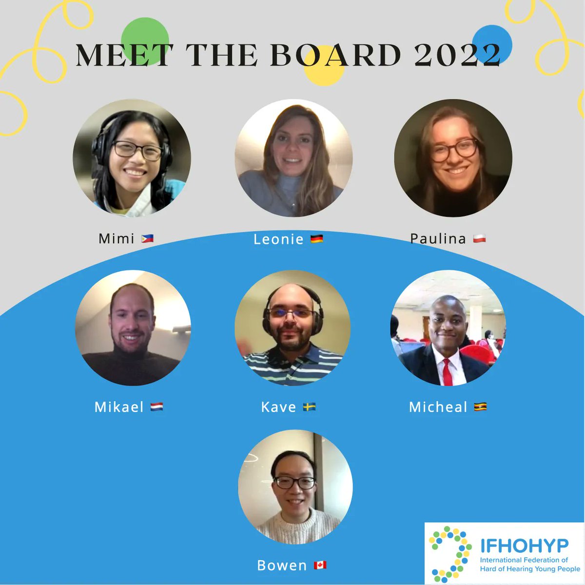 Let us introduce the IFHOHYP Board of 2022 from 4 continents:
1.  Bowen 🇨🇦  = President
2. Leonie 🇩🇪 = Vice President
3. Paulina 🇵🇱 = Secretary
4. Mikael 🇳🇱 = Treasurer
5. Kave 🇸🇪 = Board Member
6. Mimi 🇵🇭 = Board Member
7. Mikeal 🇺🇬 = Vice Board Member
Congrats!