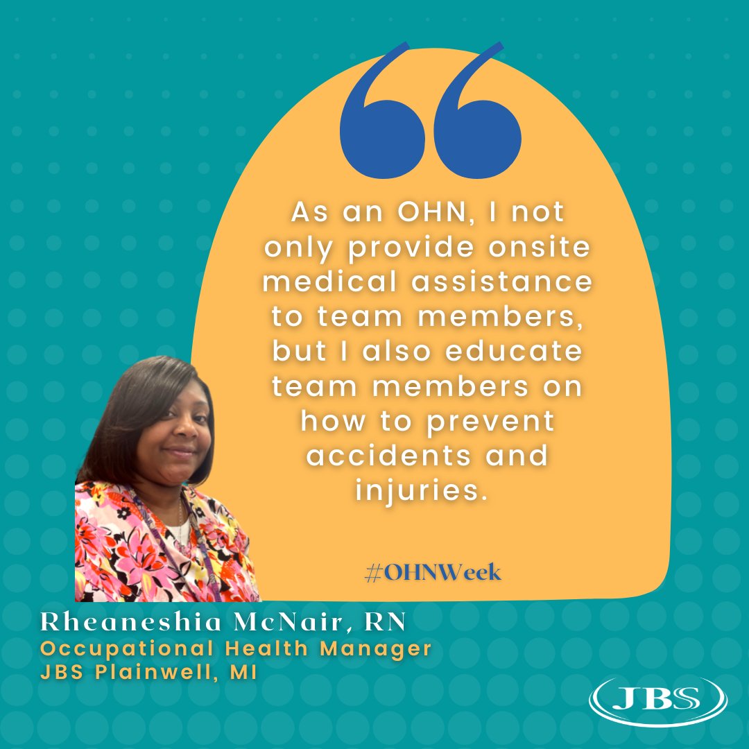JBSFoodsUSA's tweet image. During Occupational Health Nurses Week, we extend a special thank you to Nurse Rheaneshia in Plainwell, MI, for her dedication to protecting our team members’ health and safety. #OHNweek