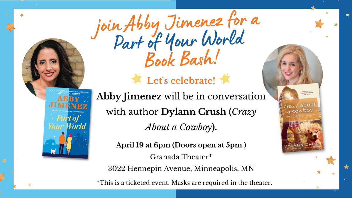 Let's celebrate! 🎉 Join <a href="/AuthorAbbyJim/">Author Abby Jimenez</a> for the launch of Part of Your World on 4/19 in Minneapolis with <a href="/DylannCrush/">Dylann Crush</a>. 🥰 

All the info: magersandquinn.com/event/Abby-Jim…