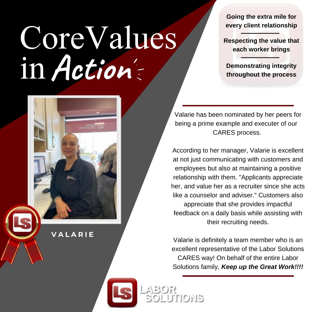 LaborSolutions's tweet photo. Valarie from our Louisville, KY branch is definitely a team member who is an excellent representative of the Labor Solutions CARES way! On behalf of the entire Labor Solutions family, Keep up the Great Work!!!!
https://t.co/kcwwQVRWZr
#laborsolutions #corevaluesinaction https://t.co/vKWP1j2rZf