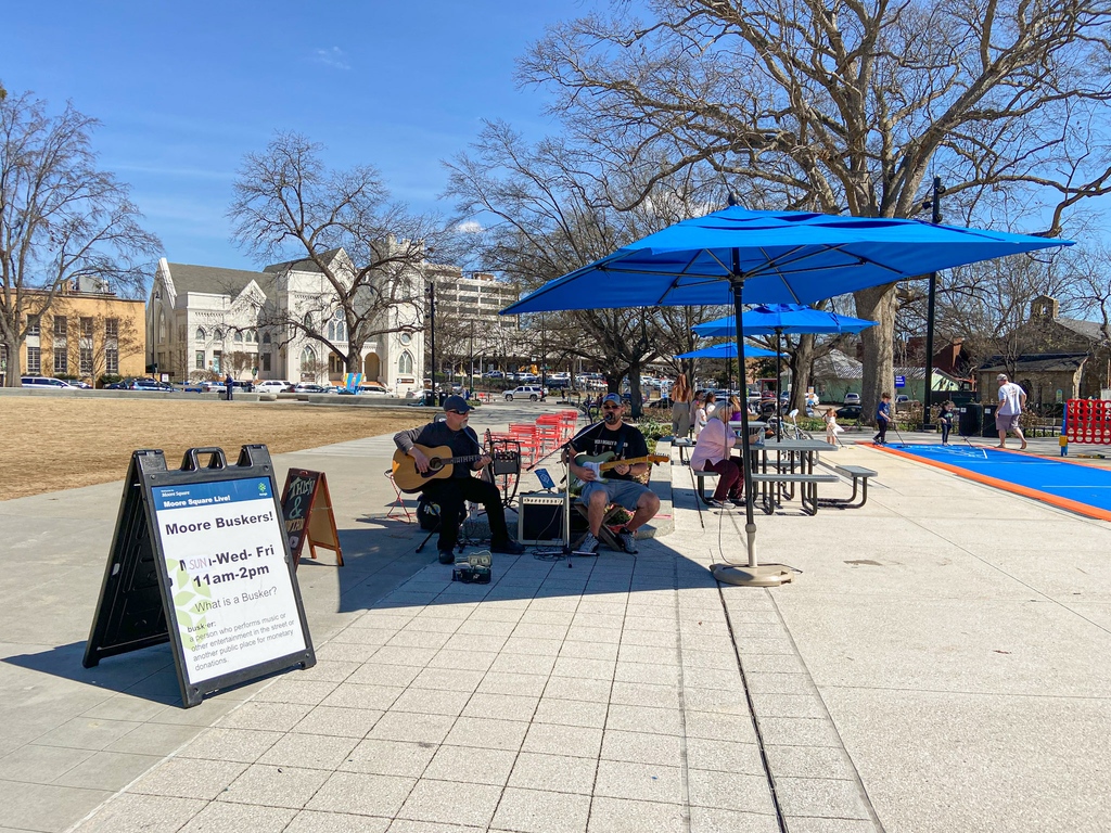 Feelin' fine in the sunshine! ☀️😎 Live music will be playing in the Square today from 11 a.m. - 1 p.m. thanks to the Moore Square Buskers series 🎶 Take a little break on this great day, soak in the sun, and have some fun!