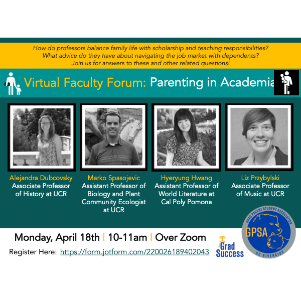 How do professors balance family life with scholarship and teaching responsibilities?

Join us for answers to these and other related questions!

Monday, April 18th | 10-11am | Over Zoom
Registration : form.jotform.com/220026189402043