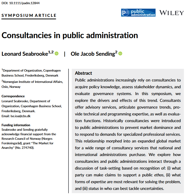journal_pa's tweet photo. Early View Alert! 🚨
"Consultancies in public administration" by @LenSeabrooke &amp; Ole Jacob Sending explores the drivers and effects of increased usage of consultants within public administration.  
https://t.co/UE0uROsZoR https://t.co/gkf5LLU2CN
