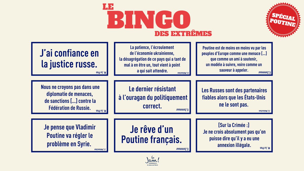 Jeunesenmarche's tweet photo. 🇷🇺 Le point commun entre Mélenchon, Zemmour et Le Pen ? Leur admiration extrême pour Vladimir Poutine.

🗳 Avant d’aller voter dimanche, tentez de deviner lequel de ces candidats a déclaré les phrases suivantes ! ⤵️

#Poutine #Presidentielle2022 https://t.co/oxZat1H2NM