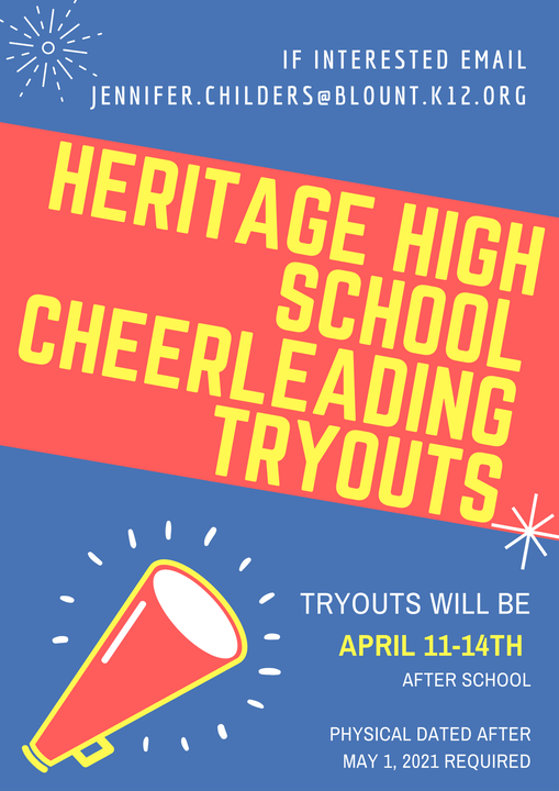 HHSMountaineers's tweet photo. It's almost time for Cheer Tryouts for the 2022-2023 school year! Check in with Mrs. Childers at Jennifer.Childers@blountk12.org for all who are interested. #HeritageAthletics #HHSCheer https://t.co/huG4aPbl6y