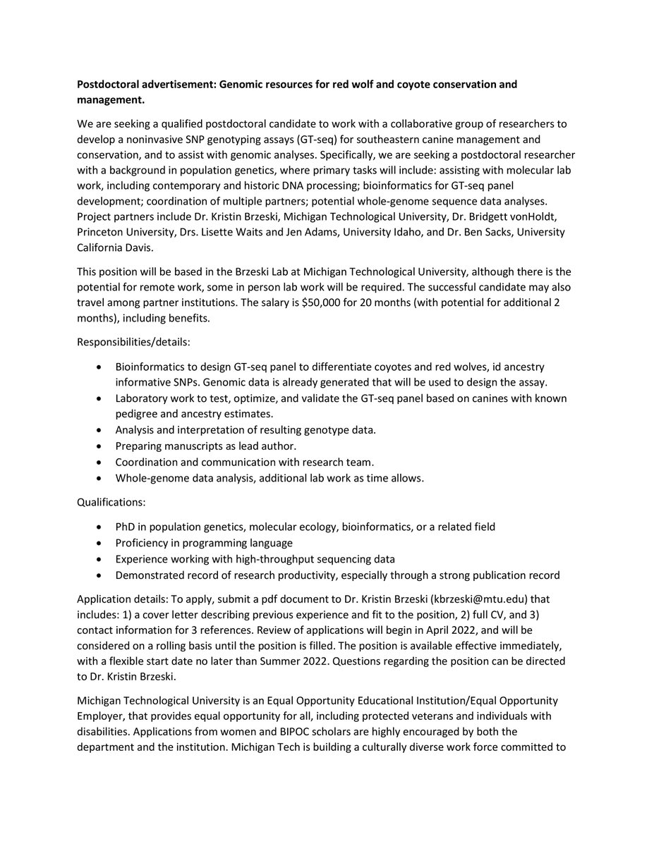 TWS_MEWG's tweet photo. 📢@kristin_brzeski at @michigantech is recruiting a postdoc to develop genomic resources for red wolf and coyote conservation and management. Learn more below and apply now! 🐺🧬 https://t.co/0BzLV7HuBe