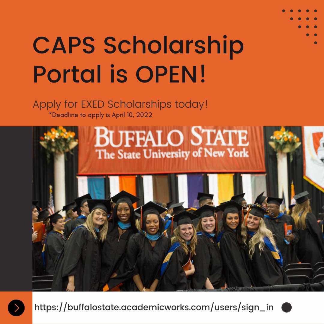 REMINDER: The CAPS Scholarship Portal is open now and the application deadline is April 10th! Apply for Exceptional Education Scholarships today by entering the keyword “Exceptional Education Department” on the CAPS portal!Visit the link to apply: buffalostate.academicworks.com/users/sign_in #bscexed