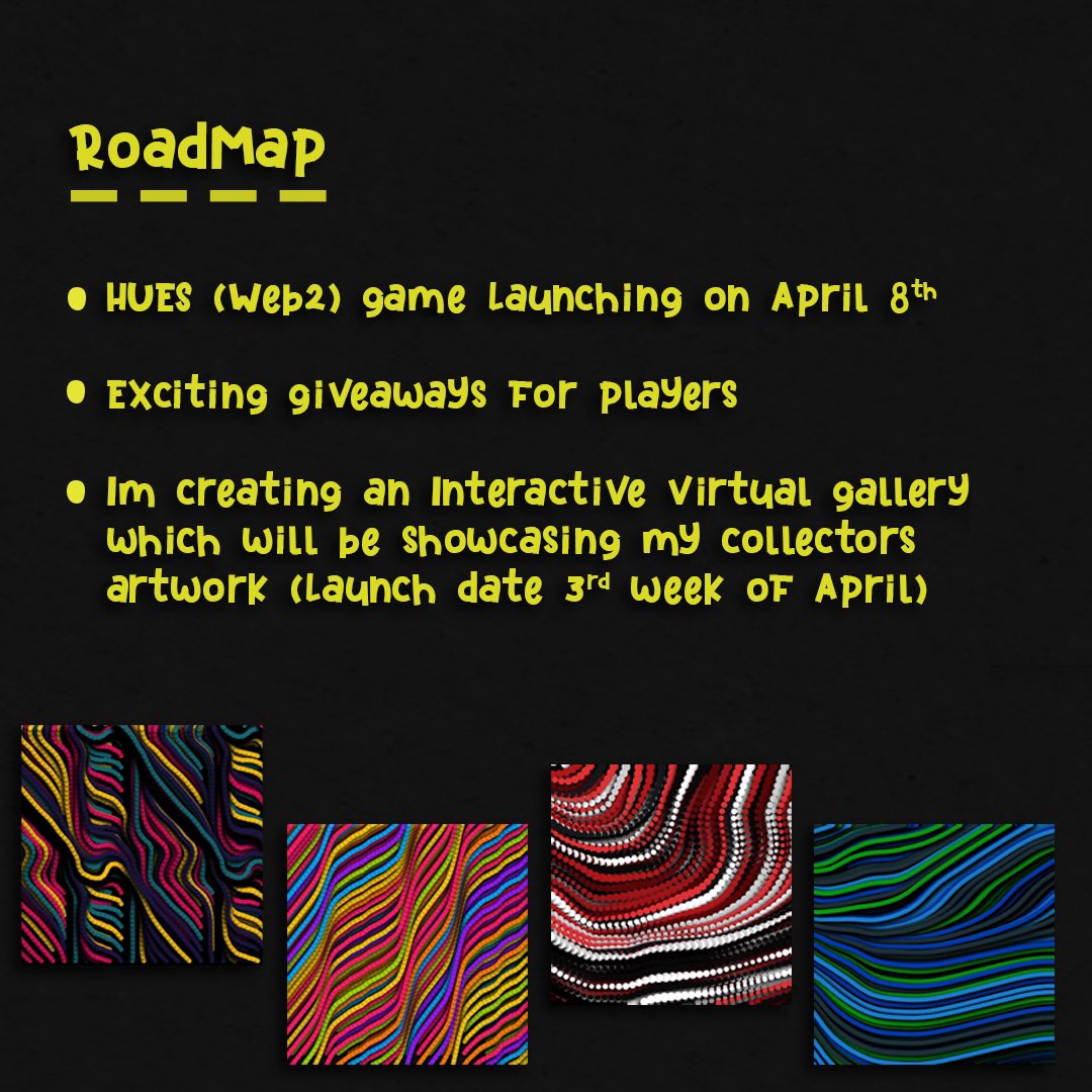 RigvedMaanas's tweet photo. Here is my HUES🌈 road map 🥳 Make sure to check my website for more details 🕺🏼 https://t.co/4w4fTlvatL
 #generativeart @nftkidsmag https://t.co/2P2VUfk6n3