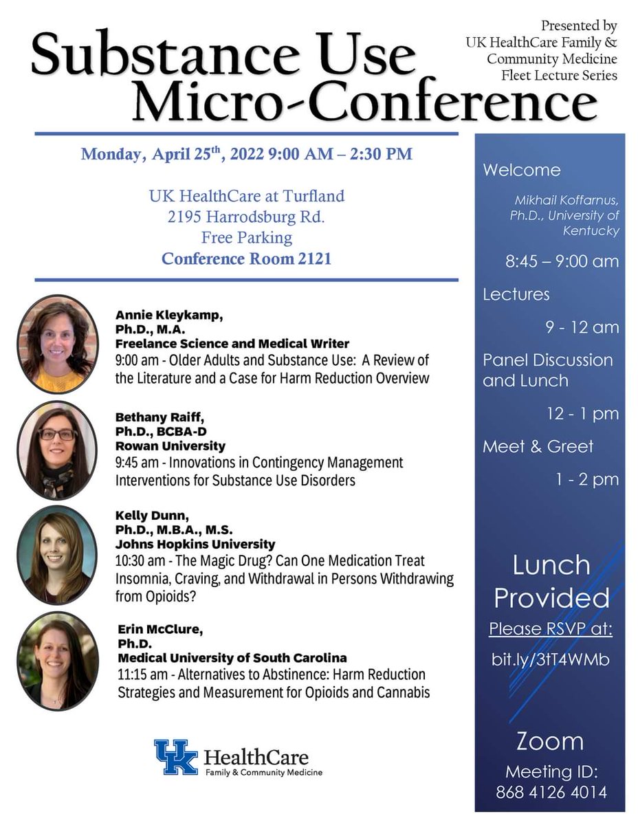 TheHealthFuLab's tweet image. Come join us on Apr 25th as we host our first #SubstanceUse Micro-Conference as part or our Fleet Lecture Series. 

This free event will have both in-person and virtual options.

RSVP Link: bit.ly/3tT4WMb

 #Conference #Research