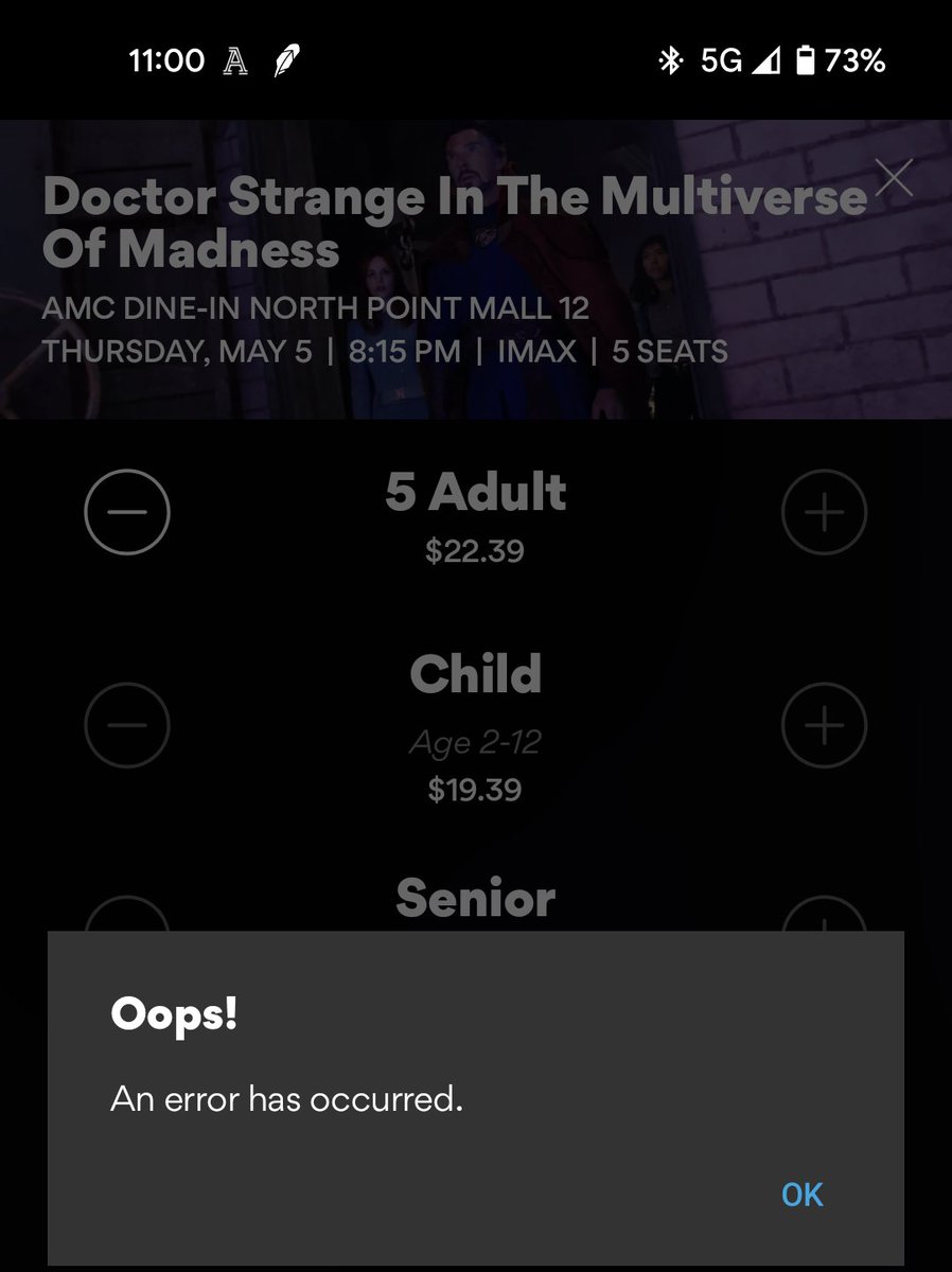 NathanAmstutz's tweet photo. @AMCTheatres @MarvelStudios Almost 2 hours of this madness, still can't get past this page to get tickets @AMCTheatres. Watching my preferred showtime slowly fill up https://t.co/mkw4YPOfe9