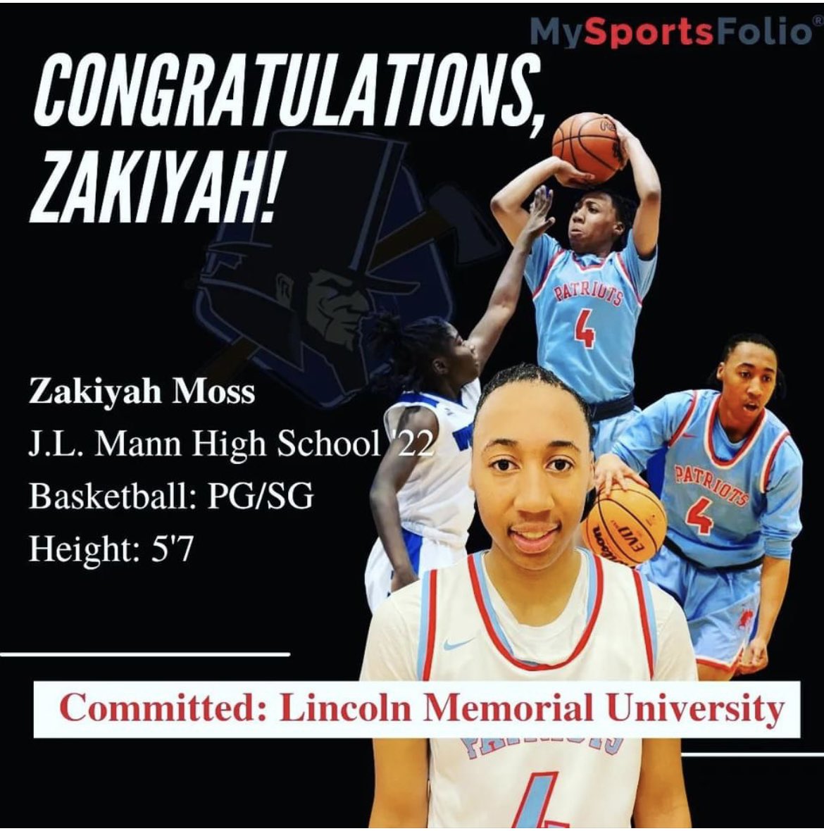 Commitment Alert!!! Congrats to Zakiyah Moss on her commitment to Lincoln Memorial University!!! Lady Railsplitters, she got game!!! The MySportsFolio Team #collegeready #studentathlete <a href="/MannGBB19_20/">JL Mann Girls Basketball</a> <a href="/AthleticsJl/">JL Mann Athletics</a> <a href="/JLMannHoops/">J.L Mann Basketball</a> <a href="/jlmannbooster/">JL Mann Booster</a> <a href="/ZakiyahMoss/">Zakiyah Moss</a> <a href="/LMUWBasketball/">Lincoln Memorial WBB</a> <a href="/CarlaWpe/">Carla Washington</a>