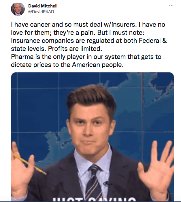 I hope more ppl like @chrissyfarr, @mcuban, @halletecco, @46brooklyndata, @wendellpotter shed light on insurance companies & subsidiaries' (incl PBMs) roles in high drug prices because the below re: insurance companies & pharma/medicines is false. Also Colin Jost isn't involved https://t.co/rhzf224vRo