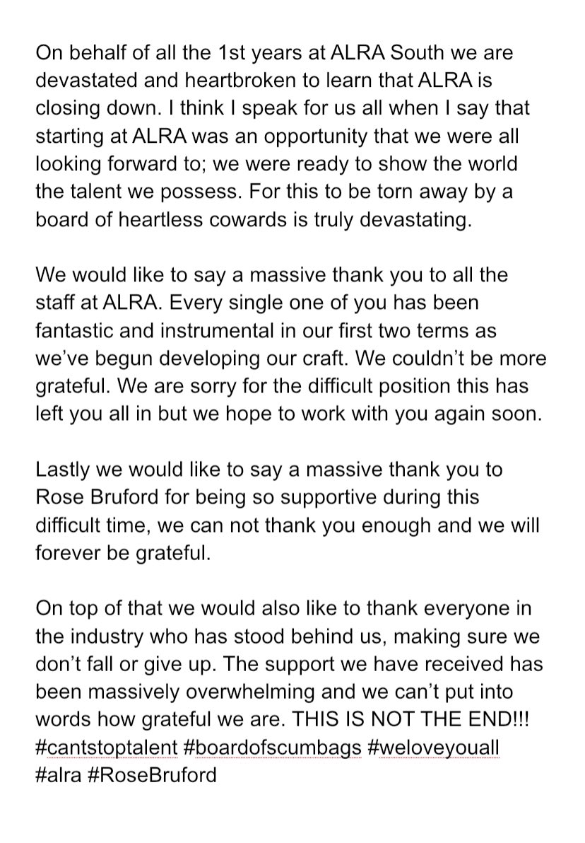 A message from all the students at ALRA South on the 1st year BA course #determination #ALRA #rosebruford