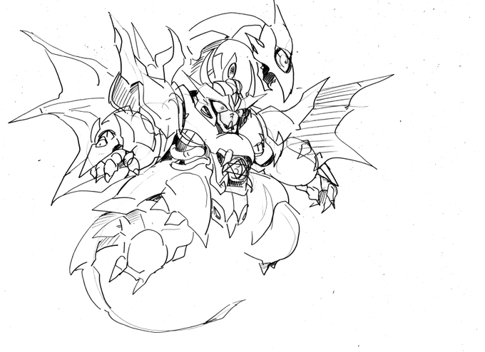 二次創作な騎士ガンダムのやつ 
融合魔獣ペーネロペー。スペドラに倒され精神体状態になったジークジオンが騎士オデュッセウスに魔竜ブラックアルゴスを憑依・同化させた姿。
ブラックドラゴンの因子を持つため形状に名残がある。
後々GP-02にした「ガンダム族を闇に堕とす」試験台の意味もある 