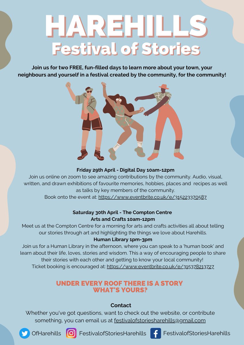 Come join us for the Festival of Stories: Harehills! Join on 29th and 30th April 2022 to listen to the lives, loves, stories and wisdom and the people who work, live and are connected to Harehills, Leeds, UK, as well as hearing about exciting organisations within the area!