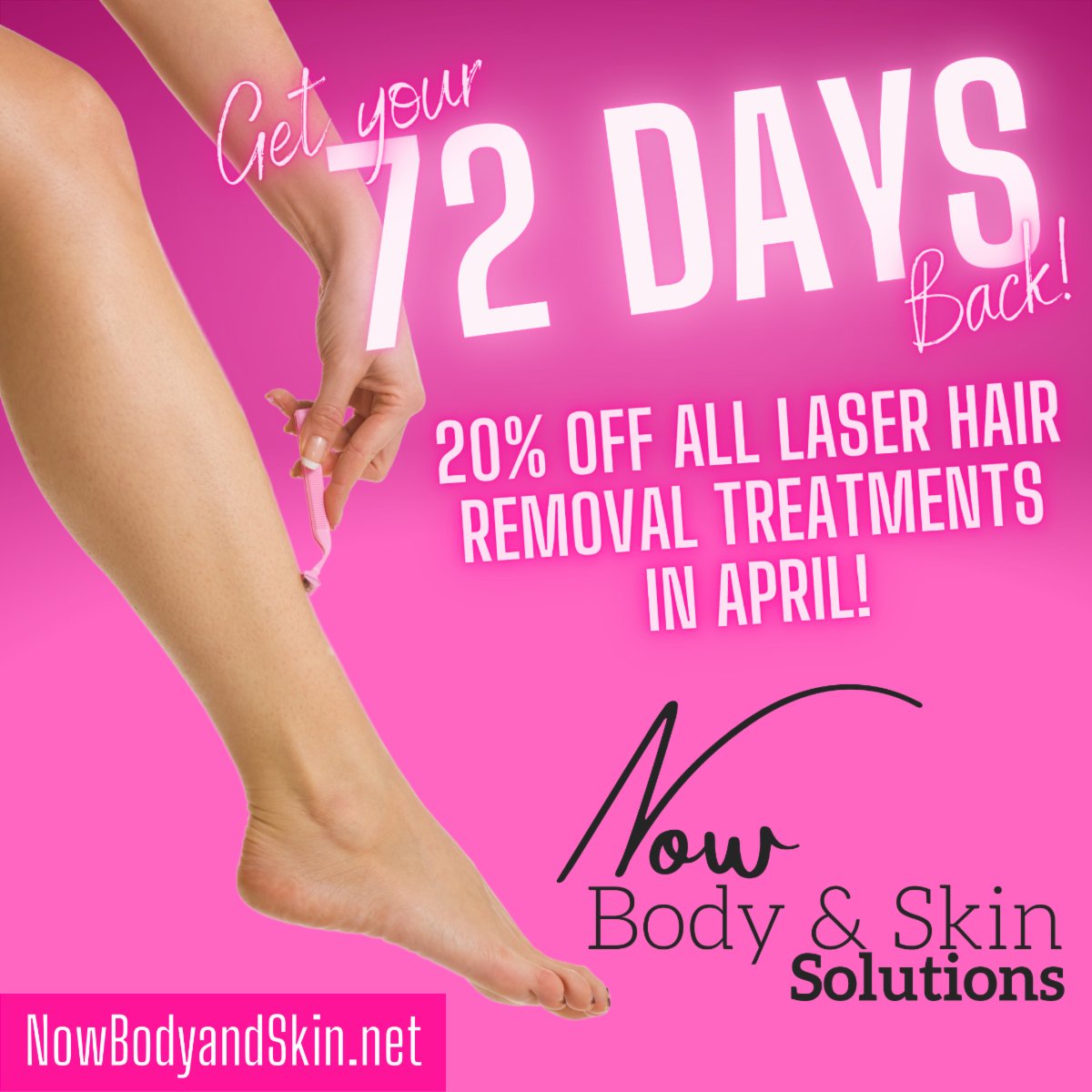 NOWBodyandSkin's tweet photo. 💡 Did you know the average woman spends 1,728 hours or 72 DAYS of their life shaving? 😱

📢 GET YOUR 72 DAYS BACK! All month we are offering 20% off all laser hair removal treatments.

📅 Contact us to schedule a consultation today! https://t.co/korKByx9N9
#LaserHairRemoval https://t.co/ZQVR64OpCL