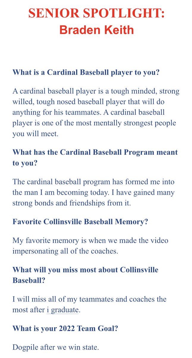 Collinsville Cardinal Baseball (@cvillecardsball) on Twitter photo Senior Spotlight- Braden Keith
Braden has been a two year Varsity starter in the infield and on the mound for the Cardinals. <a href="/bradenkeith9/">braden keith</a>
<a href="/cvilleathletes/">Cardinal Athletics</a> <a href="/cvillecards/">Collinsville HS</a> Senior Spotlight- Braden Keith
Braden has been a two year Varsity starter in the infield and on the mound for the Cardinals. <a href="/bradenkeith9/">braden keith</a>
<a href="/cvilleathletes/">Cardinal Athletics</a> <a href="/cvillecards/">Collinsville HS</a>