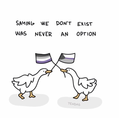 TrevorProject's tweet photo. Happy International Asexuality Day! 🖤🤍💜 art by teabag.cartoon on Insta 🎨

If you're in crisis, reach out to us 24/7 at 866.488.7386 or text/chat us at: https://t.co/hxtScqt870 📲

Learn more with our friends at: @IADofficial 🌈 #ace #asexual https://t.co/l2uxO53iRH