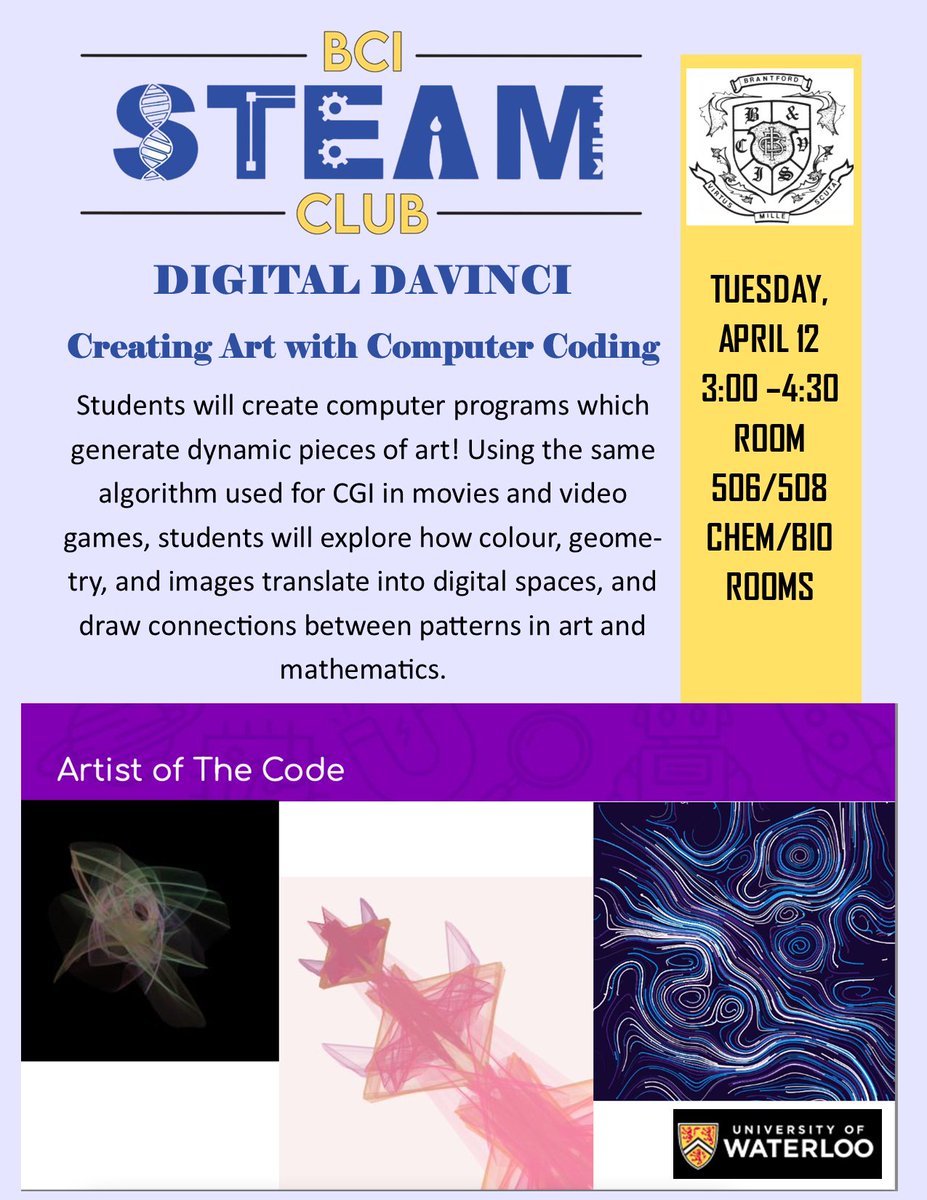 Don't miss out on this opportunity to code to create art! Digital DaVinci is coming to BCI on Tuesday, April 12th.  See the attached poster for info. <a href="/bci_mustangs/">BCI Students Council</a> <a href="/BCIVS/">BCI Mustangs</a>