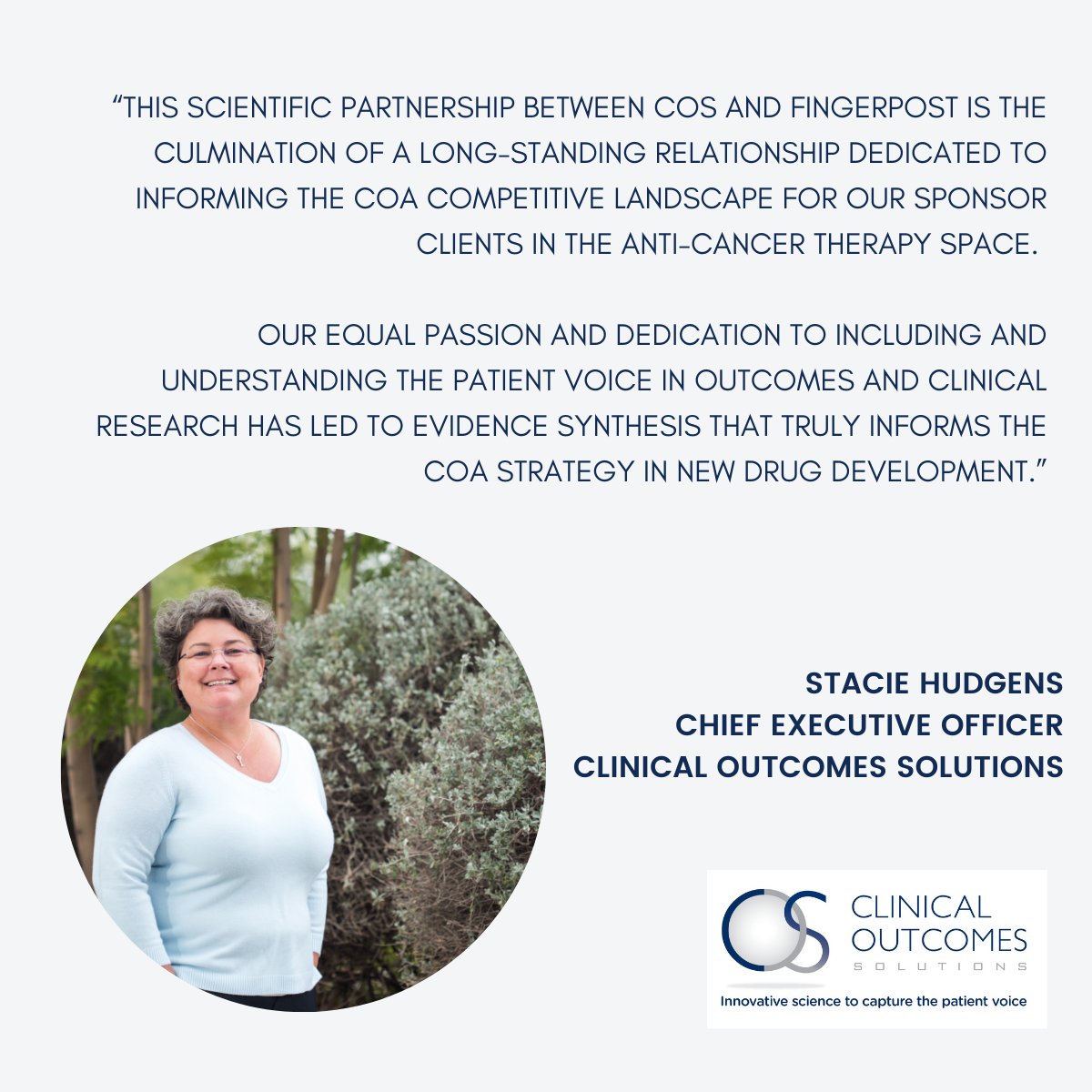 Stacie Hudgens, CEO of COS: the important collaboration <a href="/fpostconsulting/">Fingerpost</a> provides critical HTA/Payer insight = greater success for pharma companies &amp; positive change in anti-cancer therapy. #HTA #HEOR #RWE #MarketAccess #PayerResearch #COA #PRO bit.ly/3tU1zog