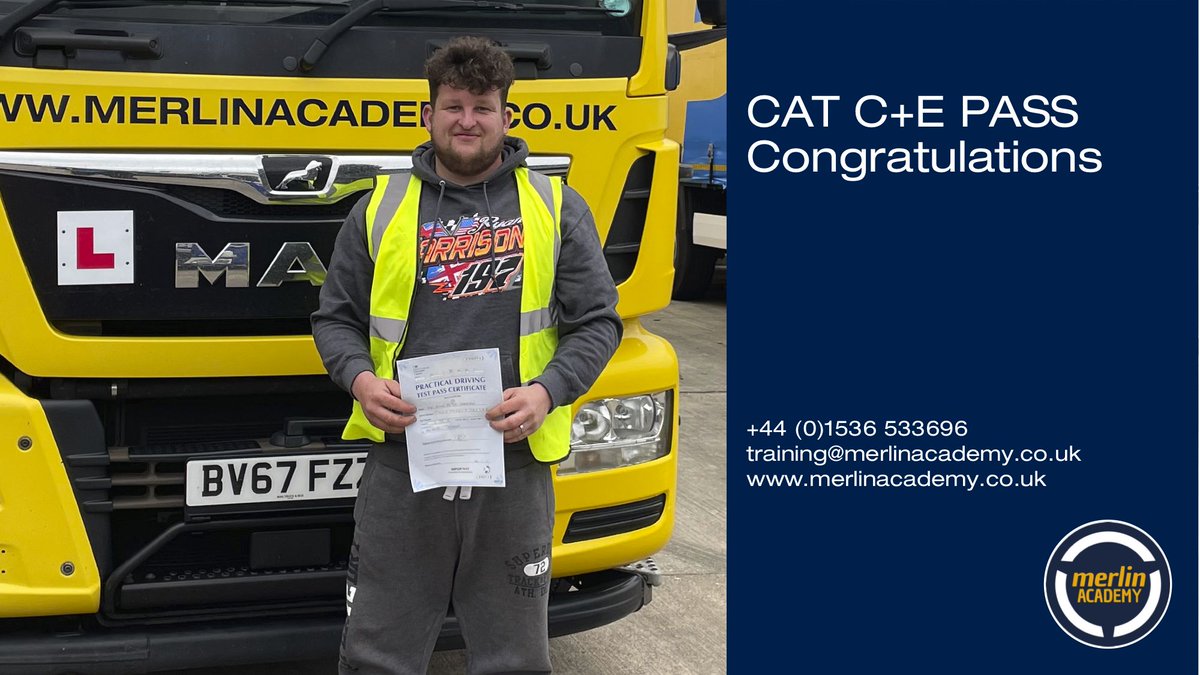 Merlin_Academy's tweet photo. PASS... Congratulations Ryan who passed his C+E in Weedon on Monday. Congratulations from all of us at Merlin Academy.

01536 533696
training@merlinacademy.co.uk
https://t.co/DNIEKflC7K
#drivertraining https://t.co/dp6piWFqNh