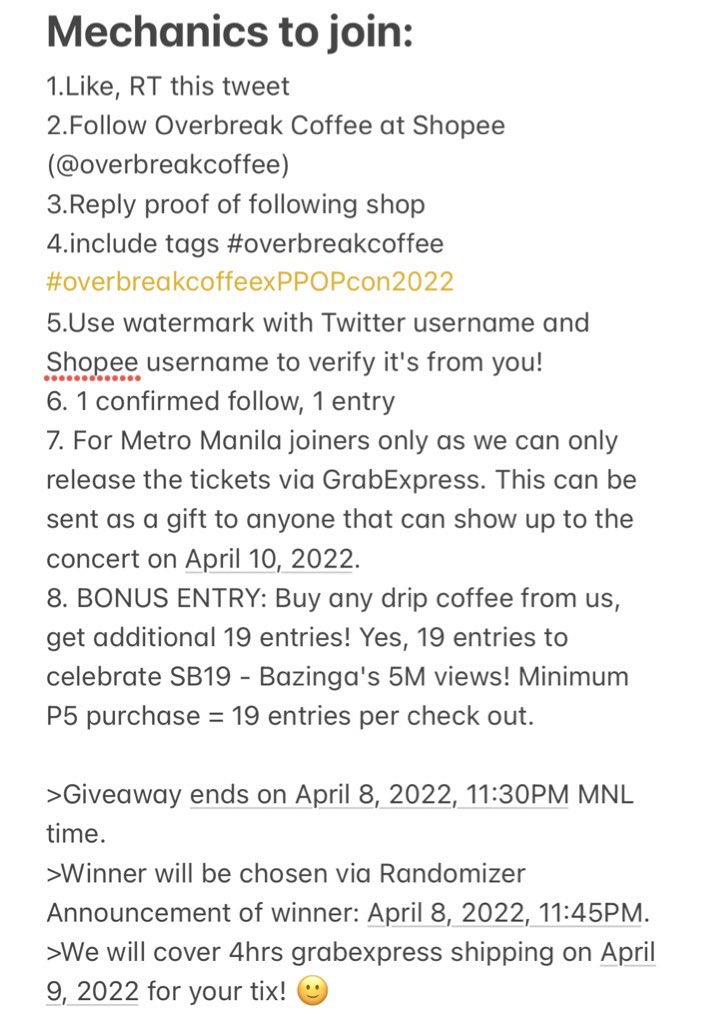 TICKET GIVEAWAY!

Prize: One (1) winner of 2 Gen Ad tickets to 2022 PPOPCON

Please see photo for merchanics on how to join!

P.S. These tickets are not mine. Just helping a friend out. <3

#PPOPCON2022 #overbreakcoffee #overbreakcoffeexPPOPcon2022